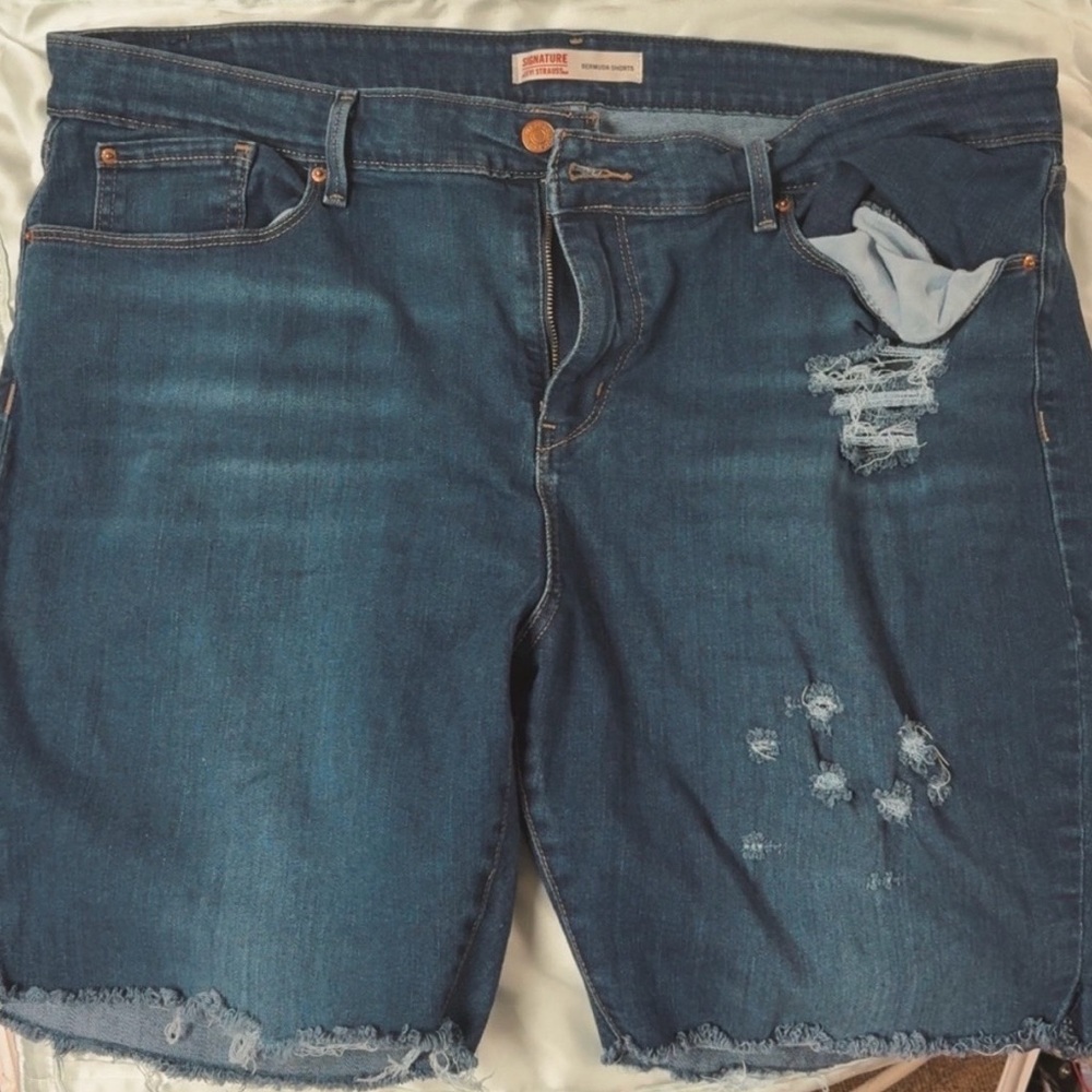 Levi Strauss Signature Women's Shorts, Blue, Mid-Rise, Bermuda, Distressed